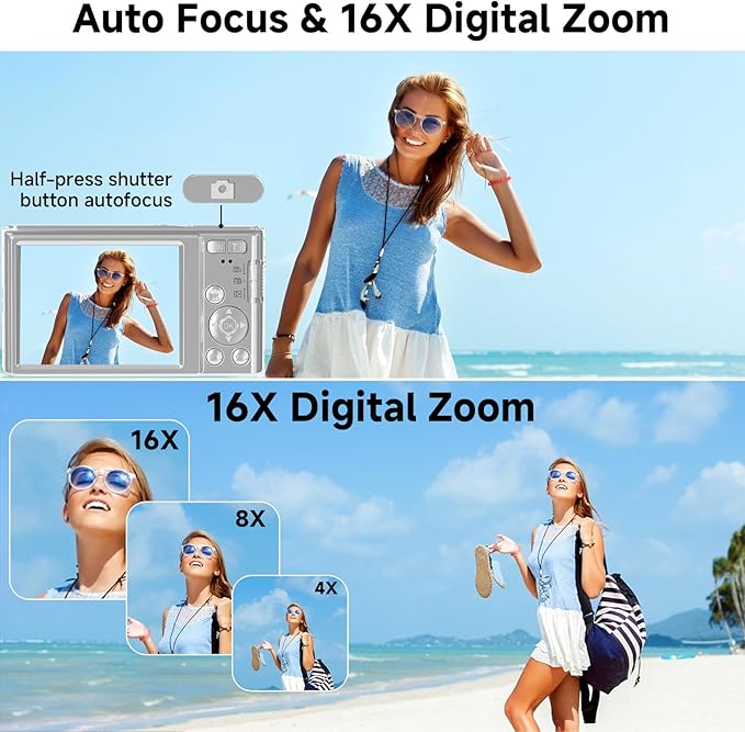 Digital Camera, FHD 4K 44MP Digital Camera, 16X Digital Zoom, Digital Point and Shoot Camera with 3-LED Fill Lights, 64GB SD Card, Compact Camera for Kids Teen Boys Girls, Sliver-CubbioJoy