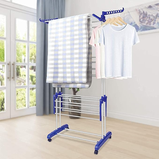 Bigzzia Clothes Drying Rack, Folding Stainless Steel Drying Rack Clothing Indoor Outdoor, Space-Saving, 4 Tier Laundry Drying Rack with Two Side Wings Grey Blue-CubbioJoy