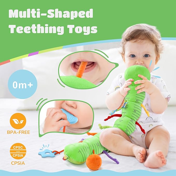 Baby Toys 6-12 Months Music Caterpillar Infant Toys Stuffed Animals 0-3-6 Months Tummy Time Teething Sensory Toys with Mirror Rattle&Pull String for Boys Girls Birthday Gifts|Green,Knot Limb-CubbioJoy