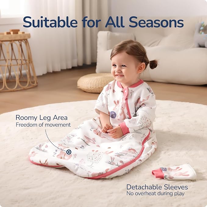 Baby Sleep Sack 18-24 Months, Cotton Detachable Long Sleeve Sleep Sack, 2.5 Tog Toddler Sleeping Sack with Temperature Strips, 2-Way Zipper Wearable Blankets for Newborns, Bunny-CubbioJoy