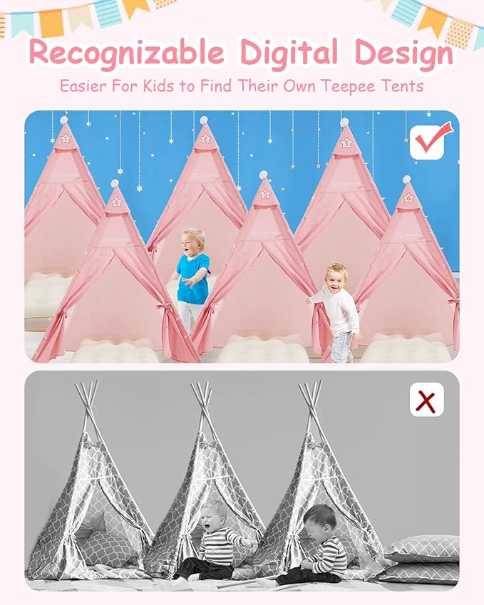 6 Pack Teepee Tent for Kids with Inflatable Airbed, Light, Toddler Tent Children Room Tents, Slumber Party Sleepover Tents, Indoor Outdoor Kids Playtent Playhouse for Girls & Boys-CubbioJoy