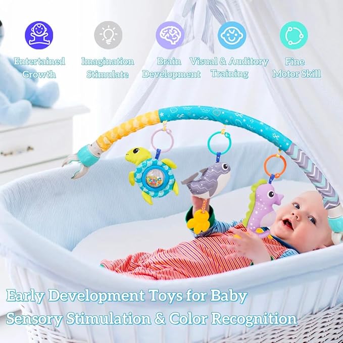 Baby Stroller Arch Toy, Clip On Arch Mobile for Bassinet with Universal Clamps, Activity Toy Bar for Bouncer Musical Crib Mobile Toys for Infants Car Seat Toys Rattle Turtle Music Whale-CubbioJoy