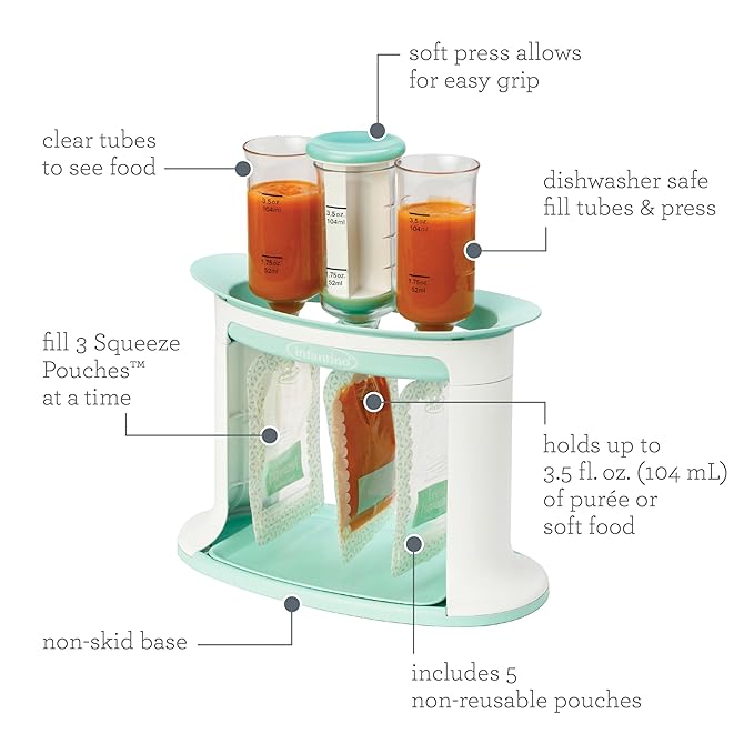 Infantino Squeeze Station, Baby Food Maker & Pouch Filler, Fill 3 Reusable Pouches at Once, Easy to Use, Dishwasher Safe, Homemade Baby Food Prep Essential, Teal-CubbioJoy