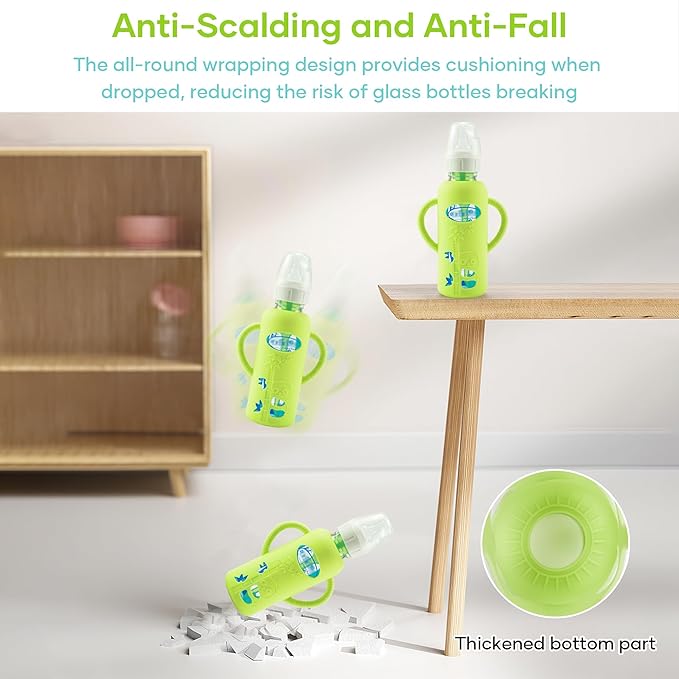 4 Pack Silicone Sleeves for Dr. Brown's Glass Baby Bottles, Anti Breakage Durable Baby Bottle Holder with Easy Grip Handles, Narrow Sleeve with a Cutout, Dishwasher/Freezer/Microwave Safe, 8 oz-CubbioJoy