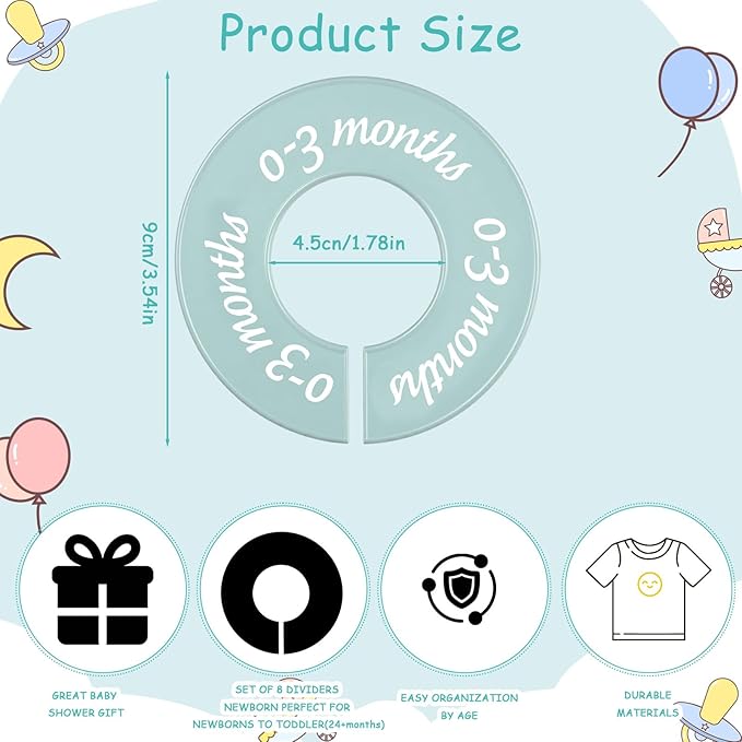 8 Pcs Baby Closet Dividers Unisex Baby Clothes Organizers Clear Labels for Nursery Closet Organizer & Decor Nursery Fits Most Rods (Retro,Bright Color)-CubbioJoy