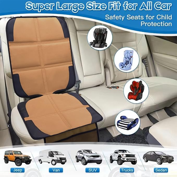 Car Seat Protector for Child Car Seat, 2 Pack Baby Car Seat Covers with Mesh Pockets & Non-Slip Backing 600D Durable Seat Protector (Brown, Standard)-CubbioJoy