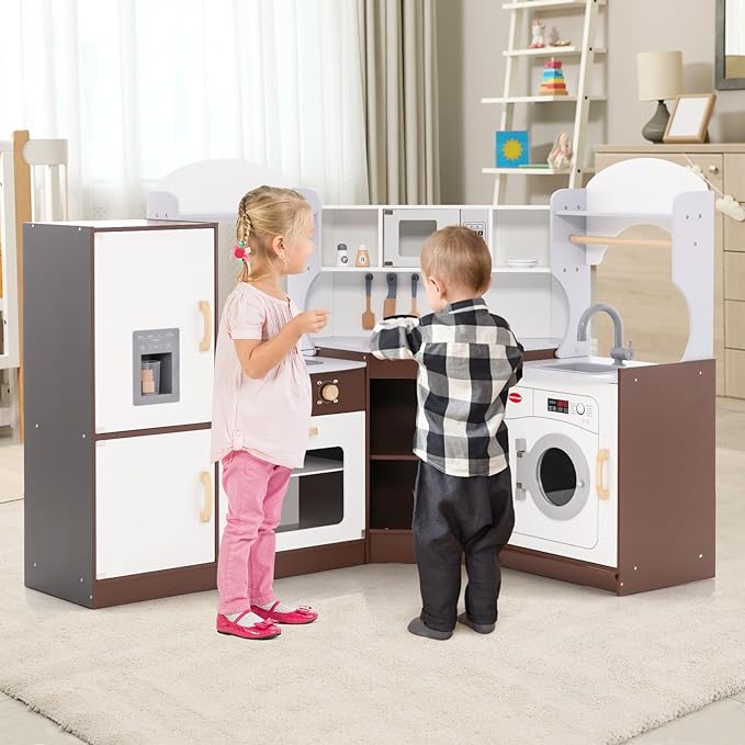 Costzon Corner Kids Kitchen Playset, Wooden Play Kitchen with Sounds & Lights, Washing Machine, Ice Maker, Microwave, Oven, Sink & Faucet, Pretend Toy Kitchen Set for Toddler, Gift for Boys Girls-CubbioJoy
