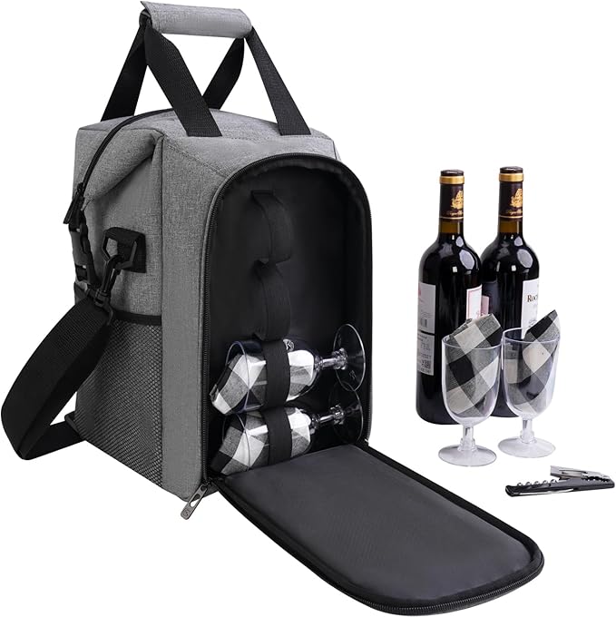 ALLCAMP 4 Bottle Wine Gift Bag - Insulated Tote Cooler, Adjustable Strap, Includes 4 Wine Glasses, Napkins & Corkscrew, Portable Travel Gifting(Gray)-CubbioJoy