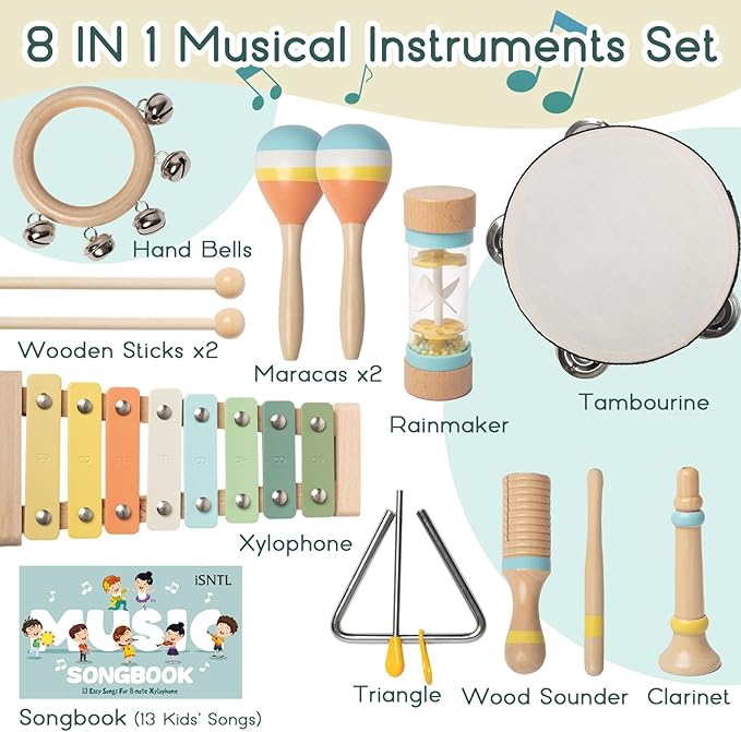 Baby Musical Instruments - Wooden Montessori Toys for Toddlers 1-3,Modern Boho Xylophone Includes Songbook with 13 Kids' Songs,Neutral Colors Wooden Percussion Instruments Set-CubbioJoy