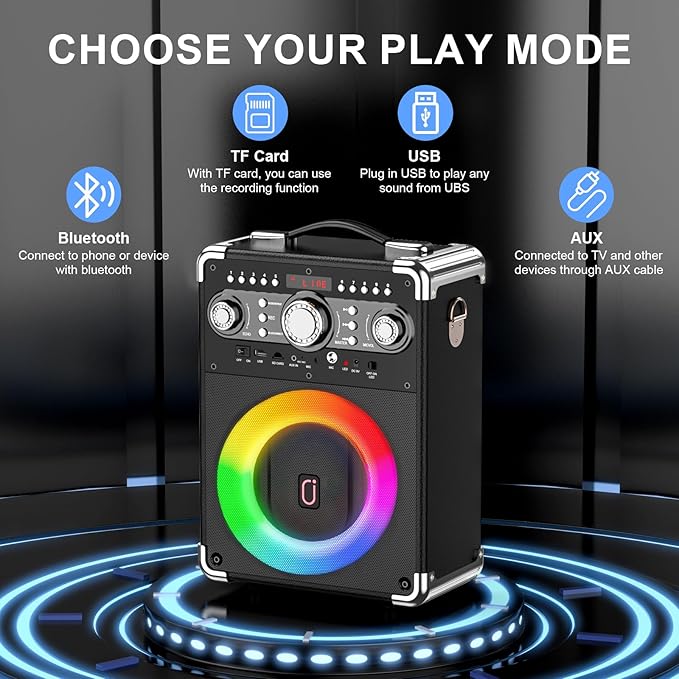 Karaoke Machine with 2 Wireless Microphones for Adults, Portable Bluetooth Party Speaker with Echo Adjustment, Singing Machine Support TWS/USB/TF Card/Guitar/TV Connected for Outdoor/Events etc-CubbioJoy