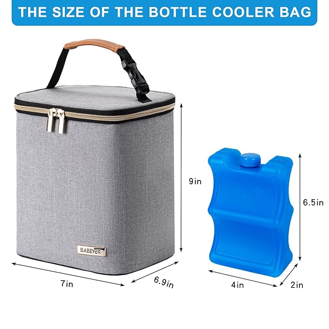 Breast Milk Cooler Bag with Ice Pack Fits 4 Baby Bottles Up to 9 Ounce, Baby Bottle Bag for Nursing Mom Daycare, Grey-CubbioJoy