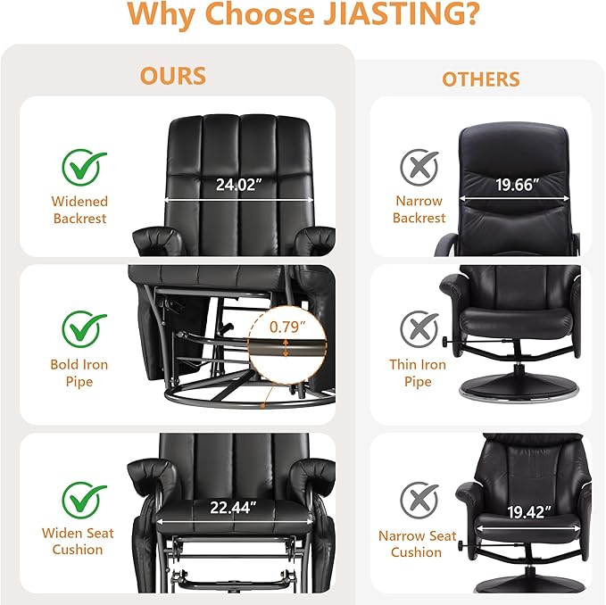 JIASTING 360° Swivel Recliner Chair with Ottoman & Double Side Pockets, Nursing Glider Rocking Recliner Chair, Gliding Chair for Nursery, Living Room, Office, Bedroom, Metal Frame (Black 1)-CubbioJoy