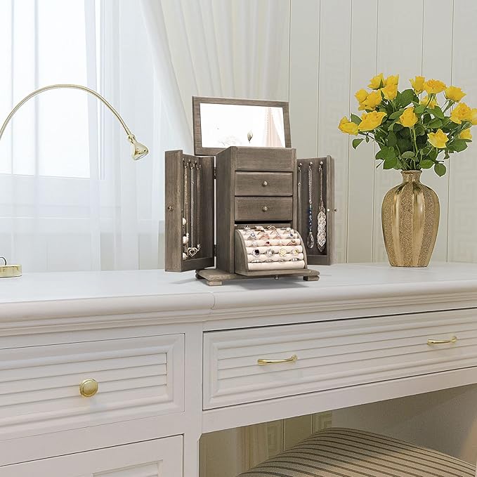 Jewelry Box for Women, Rustic Wooden Jewelry Boxes & Organizers with Mirror, 4 Layer Jewelry Organizer Box Display for Rings Earrings Necklaces Bracelets (Weathered Gray)-CubbioJoy