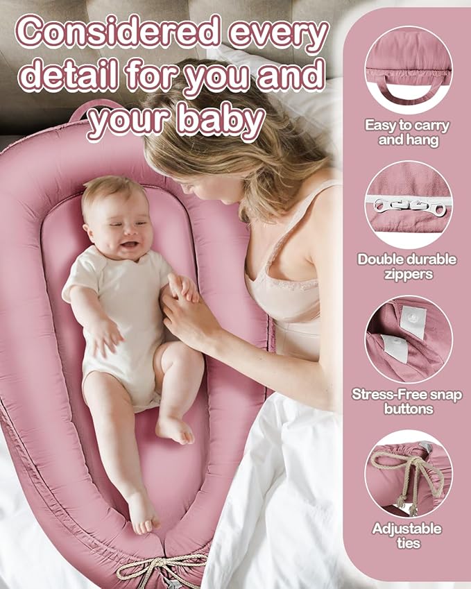 Baby Lounger - Infant Lounger for Newborn 0-24 Months, Pure Cotton Breathable Baby Nest Lounger Cover, Newborn Essentials for Baby Boys & Girls, Co Sleeper Portable Baby Bed for Home and Travel-CubbioJoy