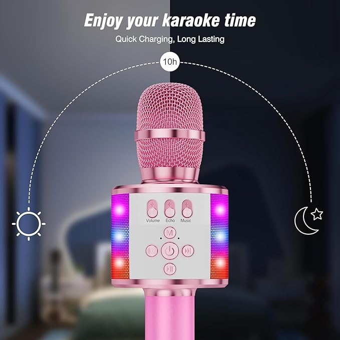 BONAOK Karaoke Microphone for Kids & Adults - Bluetooth Microphones Singing Mic with Disco Lights, Echo Effect, Built-in Speaker Portable Karaoke Player for Party Travel Gifts Q78(Light Pink)-CubbioJoy