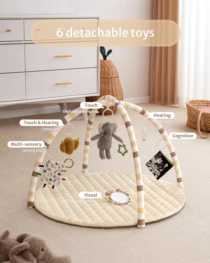 Blissful Diary Baby Play Gym Mat, Tummy Time Activity Mat with 6 Detachable Toys for Stage-Based Sensory & Motor Skill Development, Easy to Install & Clean, Baby Essentials Gift, Sandy Beige-CubbioJoy