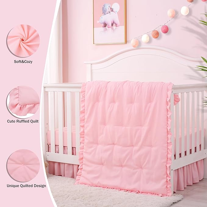 Cloele 3 Pieces Crib Bedding Set for Girls- Solid Ruffle Quilted Includes Comforter Fitted Sheet Crib Skirt,Cute Ruffled Nursery Baby Crib Standard Size Baby Bedding Set Pink-CubbioJoy