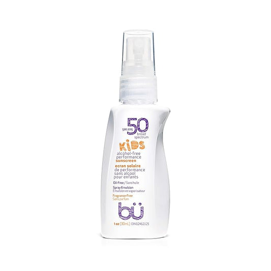 BU SPF 50 Kids Sunscreen Spray for Face and Body, Non Aerosol Spray, TSA Travel Size Sunscreen, Clear, Non Greasy, Water Resistant, Oil Free, Fragrance Free 1 oz-CubbioJoy