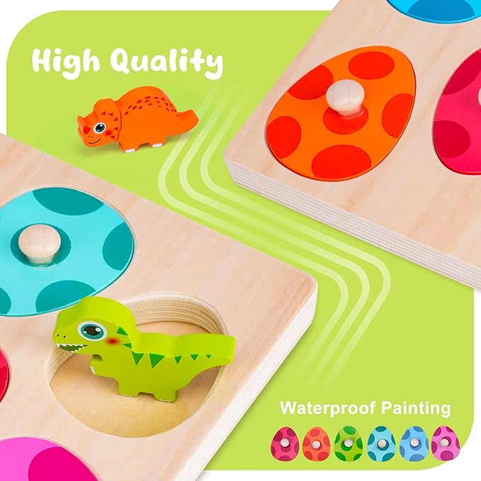 Dinosaur Wooden Toddler Puzzle 1-3, Montessori Toys for 1 2 3 Year Old, Dinosaur Eggs Peg Puzzles, Kid Wooden Puzzles Ages 2-4, Dinosaur Toy for Toddler Kid, Preschool Education Learning Toys-CubbioJoy