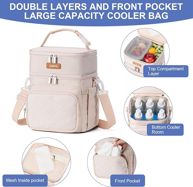 Insulated Breastmilk Cooler Bag with Ice Pack - Holds 6x9oz Bottles, Leakproof Double Layer, Adjustable Strap for Nursing Moms, Daycare & Travel,Pearl White-CubbioJoy