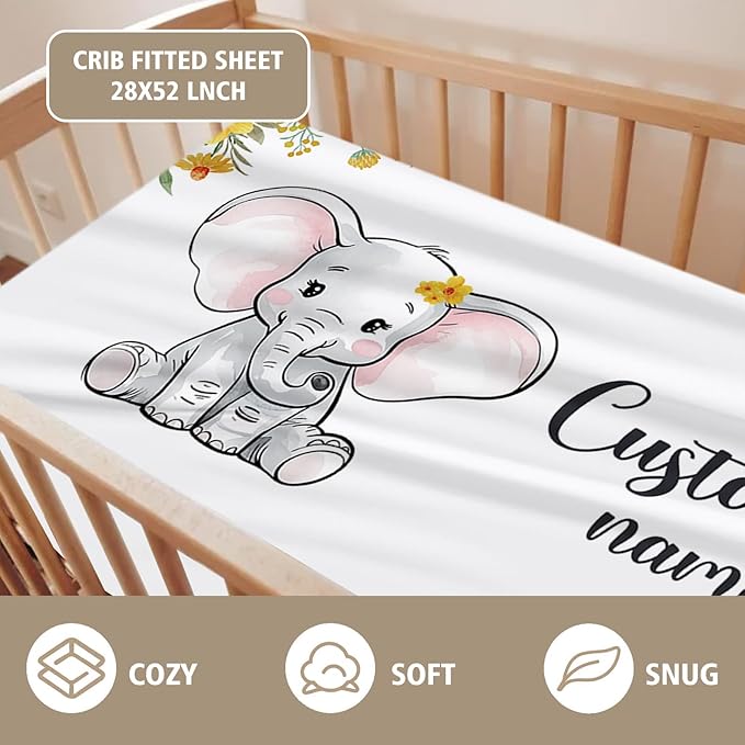 Custom Name Crib Bedding Set - Elephant Pattern, Personalized Yellow Floral Nursery Bedding 3-Piece Set– Soft Blanket, Fitted Sheet, Changing Pad Cover – for Newborns Girls Nursery Gifts-CubbioJoy