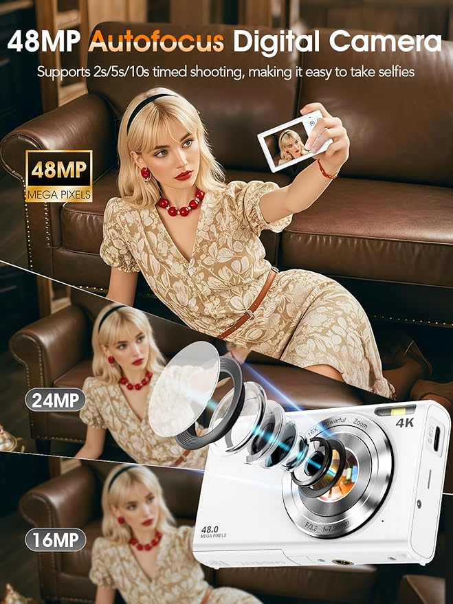 Digital Camera,Autofocus 4K Vlogging Camera for Photography with 32GB Card,48MP Portable Compact Point and Shoot Digital Camera for Teens Adult Beginner with 16X Zoom,Anti-Shake,2 Batteries(White)-CubbioJoy