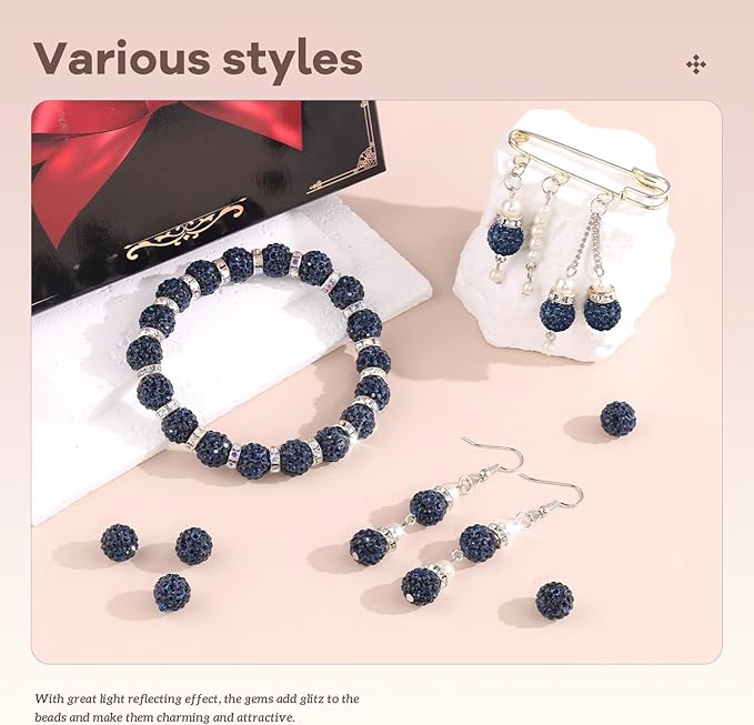 160pcs 10mm Rhinestone Beads for Jewelry Making, Blue Black Shiny Round Disco Ball Beads Bulk, Sparkle Crystal Clay Christmas for Bracelet Baseball Necklace Earring Crafting and DIY-CubbioJoy