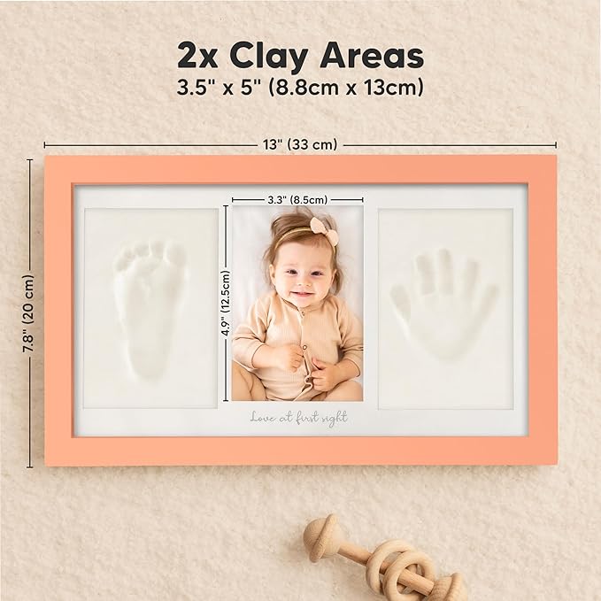 Baby Hand and Footprint Kit - Clay Handprint Keepsake Frame, Newborn Nursery Picture Frame, Personalized New Mom Gifts for Baby Shower & Registry (Salmon)-CubbioJoy