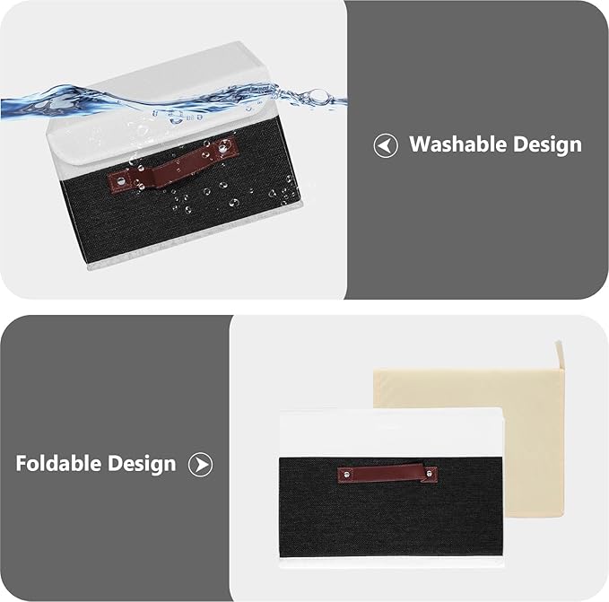 ANMINY Storage Boxes with Lids Washable Decorative Storage Bins Basket with PU Leather Handle Foldable Linen Fabric Storage Cubes Containers for Home Closet Organizer - Black White, Small Size-CubbioJoy