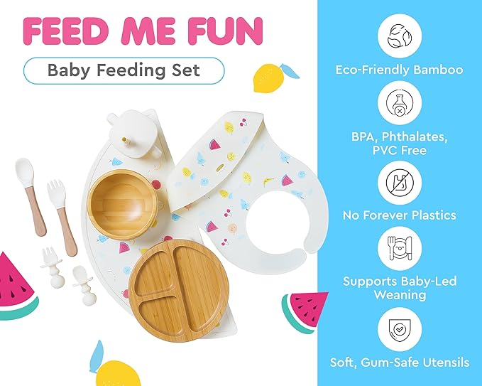Bamboo Baby Feeding Set for Infants & Toddlers - Baby Essentials, Non-Toxic, Sustainable, Bamboo Suction Plate & Bowl, Bib, Sippy Cup w/Lid & Straw, Daily Use, Travel, Baby Shower Gifts (Vanilla)-CubbioJoy