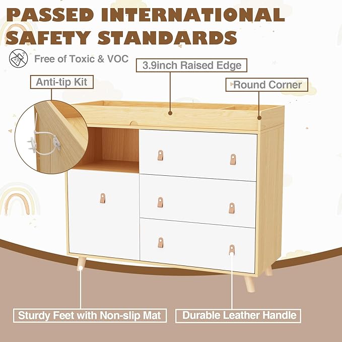 Baby Dresser Changing Table with Drawers,Shelf,Hidden Laundry Basket Storage,2 in 1 Nursery Dresser Chest for Infants, Baby Diaper Changing Station for Daycare,Bedroom,Natural-CubbioJoy