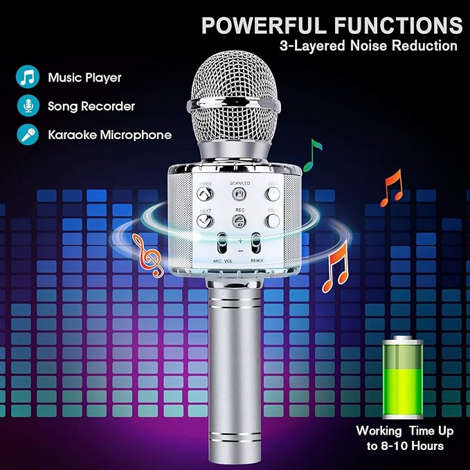 BlueFire 4 in 1 Karaoke Wireless Microphone with LED Lights, Portable Microphone for Kids, Great Gifts Toys for Kids, Girls, Boys and Adults (Silver)-CubbioJoy