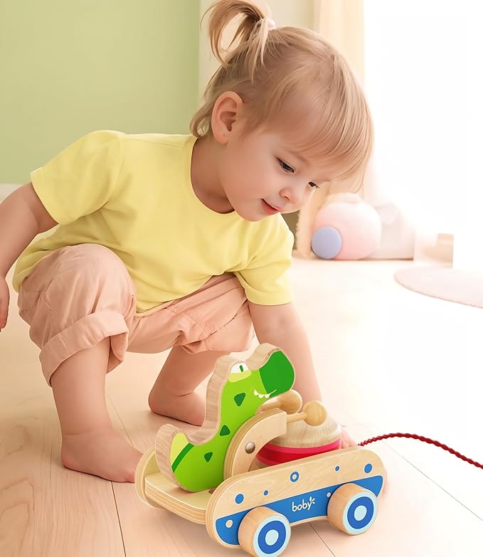 Baby Gift Wooden Toddler Pull Toy, Crocodile Drum Tapping Children's Toy, Baby dragging and Learning to Walk, Rope Traction Rope Crawling for Toddlers Ages 1+-CubbioJoy