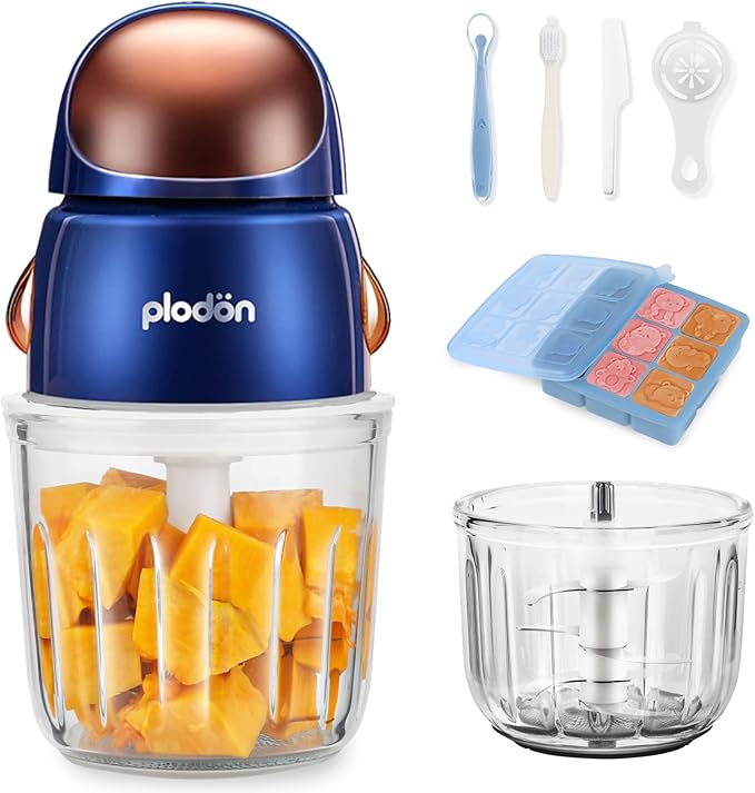 Baby Food Maker Mini Cute and Small Food Processor Puree Blender Grinder Chopper with 2 Glass Bowls(0.6L+0.3L) 8 Blades Electric (Without Battery) -2 Bowls-CubbioJoy