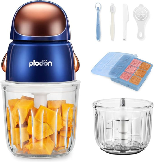 Baby Food Maker Mini Cute and Small Food Processor Puree Blender Grinder Chopper with 2 Glass Bowls(0.6L+0.3L) 8 Blades Electric (Without Battery) -2 Bowls-CubbioJoy