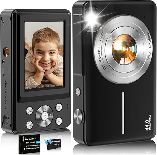 Digital Camera,FHD 1080P Kids Camera 44MP Point and Shoot Digital Cameras with 32GB Card,16X Zoom,Anti-Shake,Date Stamp,Compact Small Cameras Photography for Kids Student Teen Girl Boy(Black)-CubbioJoy