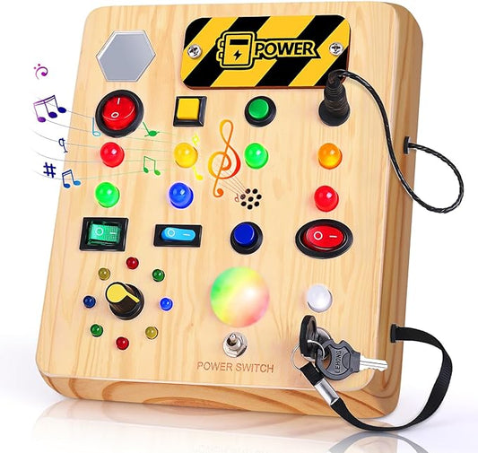 Busy Board with LED Light, Wooden Sensory Toys for Toddler, Montessori Music Toy for Airplane, Travel Activity Educational Learning Autism Toys, Birthday Boys Girls Gifts-CubbioJoy