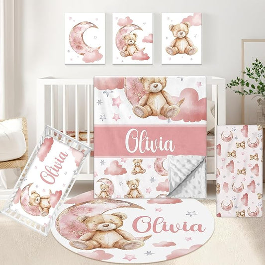 Custom Baby Crib Set, 5 Pcs Personalized Name Pink Bear Theme for Infants Toddlers, Nursery Bedding for Girls, Double Layer Customized Gifts-CubbioJoy