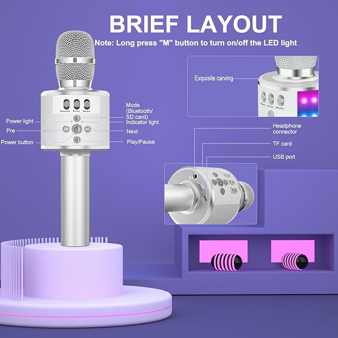 BONAOK Karaoke Microphone for Kids & Adults - Bluetooth Microphones Singing Mic with Disco Lights, Echo Effect, Built-in Speaker Portable Karaoke Player for Party Travel Gifts Q78(Silver)-CubbioJoy