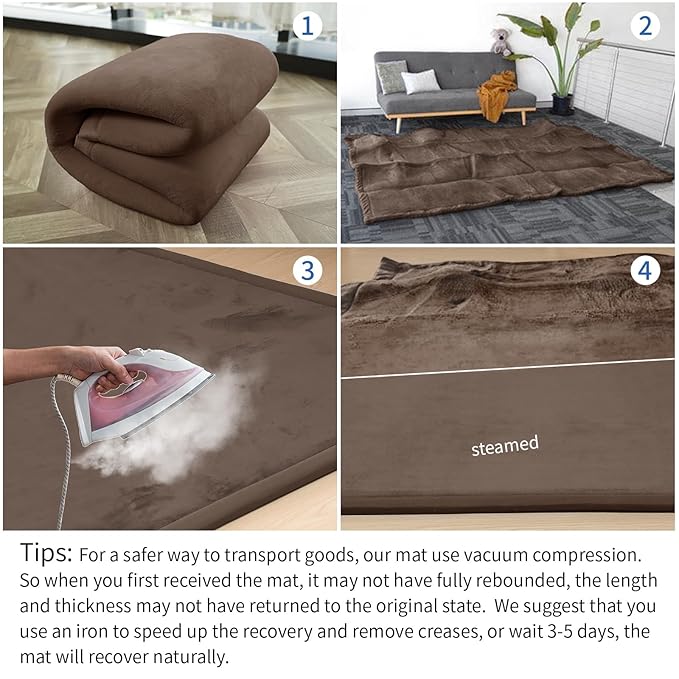 Baby Play Mat for Floor,1.3" Thick Memory foam Tummy Time Mat,Soft Coral Velvet Nursery Rug,Extra Large Non Slip Crawling Mat for Toddlers,Infants,kids,Yoga,Tatami Style for Living Room(Dark Brown)-CubbioJoy