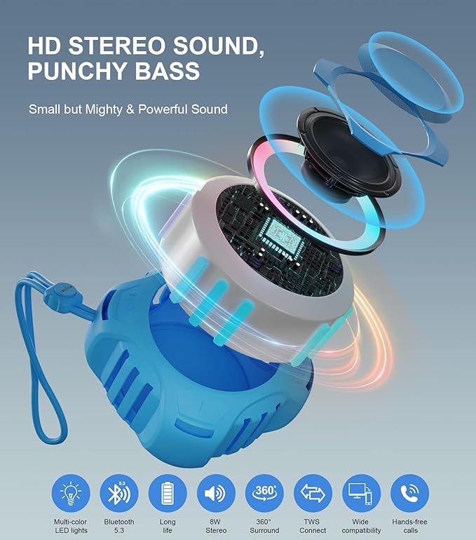 comiso Shower Bluetooth Speaker, IP67 Waterproof Speaker with LED Light, Portable Speakers with True Wireless Stereo, Floating, 2000mAh, Built-in-Mic, Ideal for Travel, Beach, Gifts for Unisex.-CubbioJoy