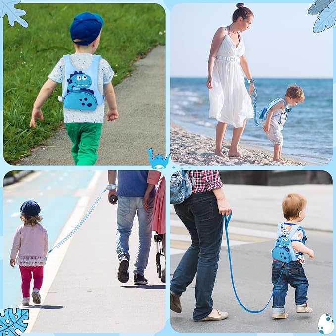 Dr.meter 3 in 1 Toddler Harness Leash + 8.2ft Anti Lost Wrist Link, Cute Dinosaur Kids Safety Harness with Key Lock, Child Walking Harness Assistant Strap for Outdoor Activity Travel-CubbioJoy