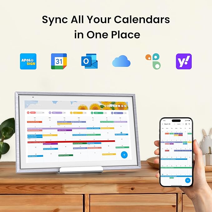 ApoloSign 15.6-inch Digital Calendar: Dual Mode Calendar with Google Play & Multi-calendar Sync, Electronic Planner & Chore Chart, Smart Touchscreen, Interactive Display for Family Schedules (Gray Wood, 15.6")-CubbioJoy