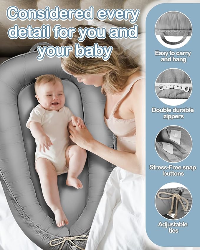 Baby Lounger - Infant Lounger for Newborn 0-24 Months, Pure Cotton Breathable Baby Nest Lounger Cover, Newborn Essentials for Baby Boys & Girls, Portable Baby Lounger for Home and Travel-CubbioJoy