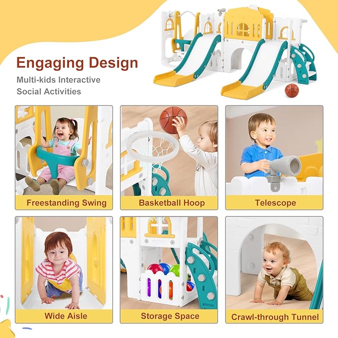 JOYLDIAS 10 in 1 Toddler Slide, Double Kid Climber Slide Playset w/Swing, Basketball Hoop, Telescope, Tunnel, Storage Space and Non-Slip Steps, Indoor Outdoor Backyard Playground Toy for Toddlers-CubbioJoy