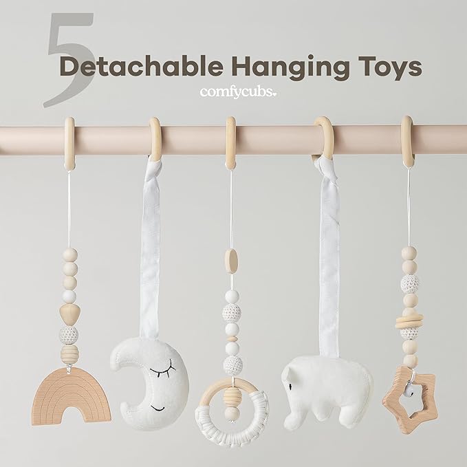 Comfy Cubs Wooden Baby Play Gym - Natural Finish Pinewood Baby Activity Gym with 5 Sensory Hanging Toys - Easy No-Tool Assembly, Safe and Durable for Infant Motor and Visual Development - Blush-CubbioJoy
