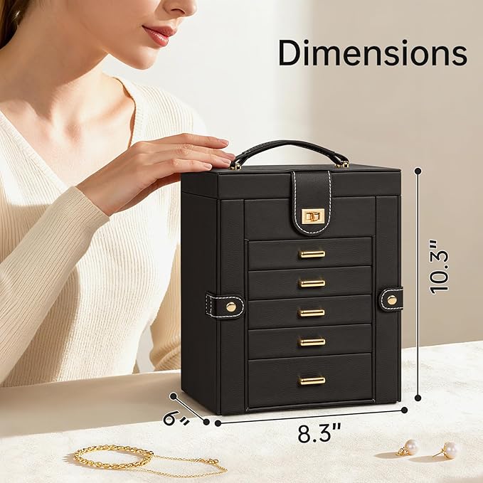 AKOZLIN Jewelry Box Organizer Functional Leather Jewelry Storage Case for Women Girls Ring Necklace Earring Bracelet Holder Organizer with Mirror Black-CubbioJoy