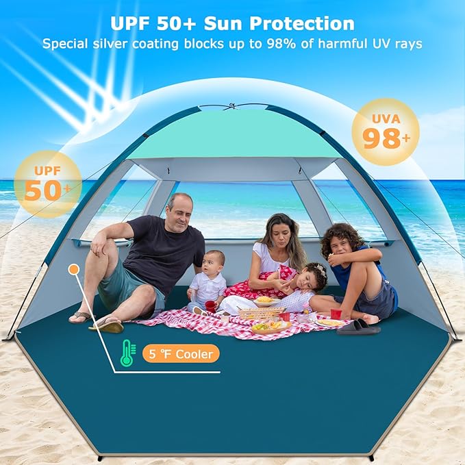 COMMOUDS Beach Tent Sun Shade for 3/4-5/6-7/8-10 Person, UPF 50+ Beach Sun Shelter Canopy Tent, Lightweight, Easy Set Up and Carry-CubbioJoy