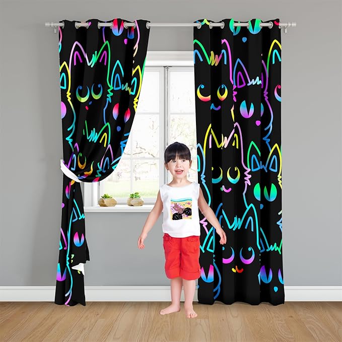 Cat Blackout Curtains for Girls - 2Pcs Cute Cartoon Cat Patterns Curtain Panels for Girls Bedroom Lovely Cats Drapes Darkening Window Curtain for Living Room Bedroom, 82" x 84"-CubbioJoy