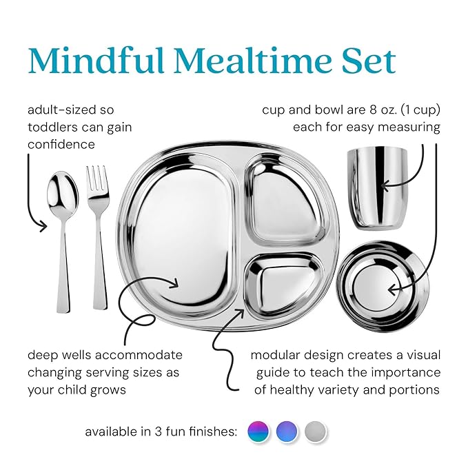 Ahimsa Stainless Steel Kids Dinnerware Set - 5 Piece Toddler Plates and Bowls Set, Pediatrician Designed, Includes Non Toxic Toddler Plate and Bowl, Kids Utensils and Cup (Classic Stainless Steel)-CubbioJoy